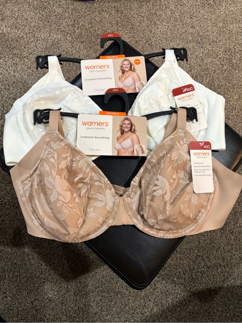 Warners white tan underwire unlined underarm-smoothing lace bras size 40C